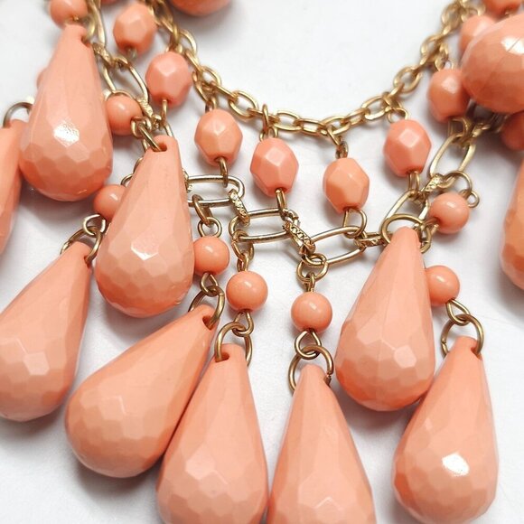 Vintage Style Peach Acrylic Beaded Bib Necklace With Gold-Tone Chain Boho - Picture 5 of 7